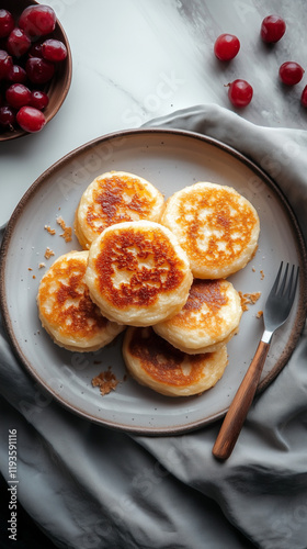 Syrniki on a Plate, Top View Food Photography