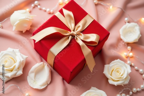 Elegant Red Gift Box with Gold Ribbon Surrounded by White Roses and Pearls on Soft Fabric Background Perfect for Celebrations and Special Occasions