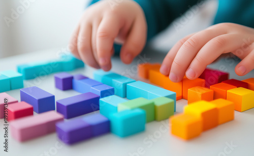 Close-up of a child’s hands playing with colorful wooden blocks, emphasizing creativity, learning, and fine motor skills. photo