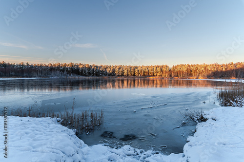 Winter landscape view to the frozen lake 