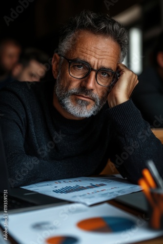Contemplative Businessman: A serious, mature businessman with salt and pepper hair and glasses rests his head on his hand, contemplating financial reports spread across his desk.
