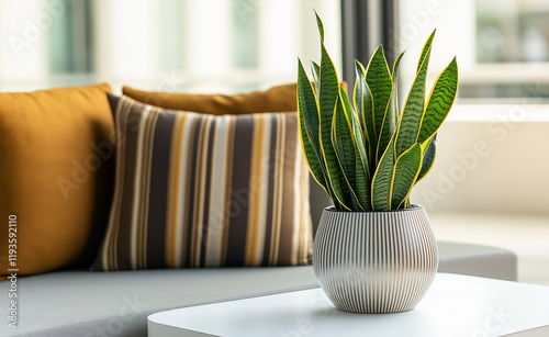 A minimalist indoor setup featuring a snake plant in a white pot on a table with cozy pillows in the background. photo