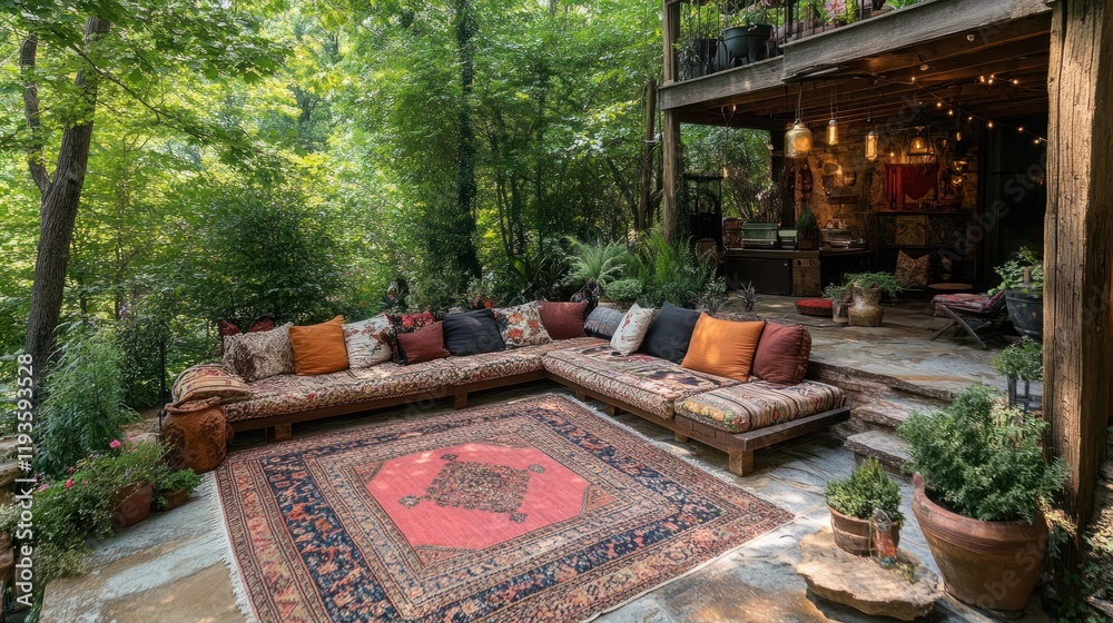 Outdoor lounge area with a large corner sofa and carpet in the woods Outdoor lounge area with a large corner sofa and carpet in the woods
