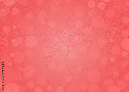 Peach pink background with bokeh hearts. Valentine day romantic backdrop for postcards, design, banners. Pastel pink vector illustration with hand-drawn decorative hearts.