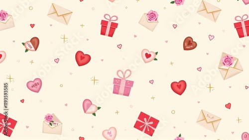 A seamless romantic pattern featuring hearts, love letters, gift boxes, and roses on a light background. Perfect for Valentine's Day, celebrations, or romantic-themed designs.