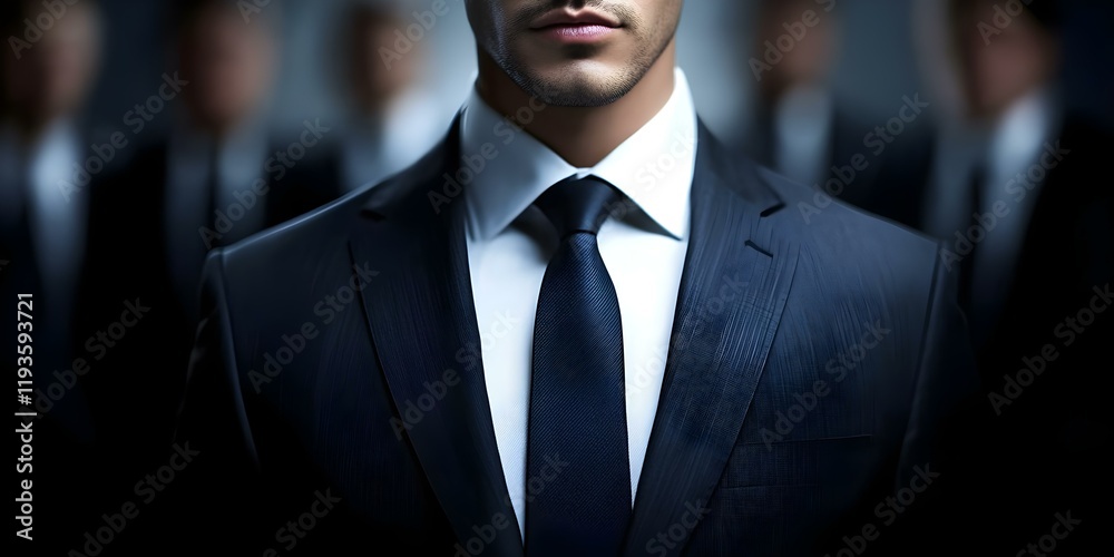 Fototapeta premium A man in a suit is in focus, with several blurred figures in suits behind him, creating a sense of depth and mystery. Concept Elegant Business Attire, Depth and Focus, Mysterious Atmosphere