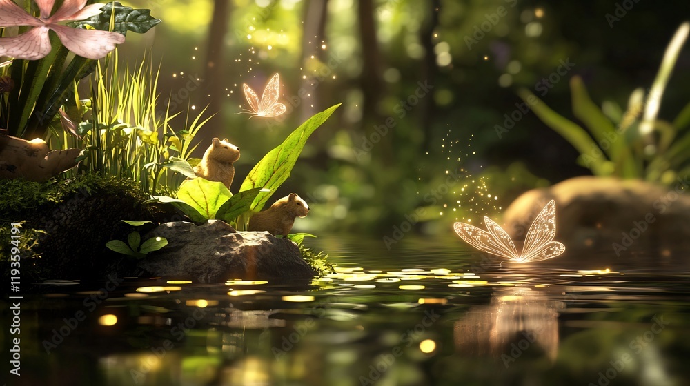 Naklejka premium Cute capybaras in a magical forest pond