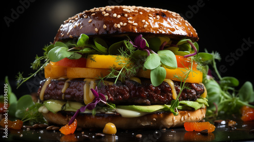 A savory gourmet burger with juicy vegetables and fresh herbs. photo