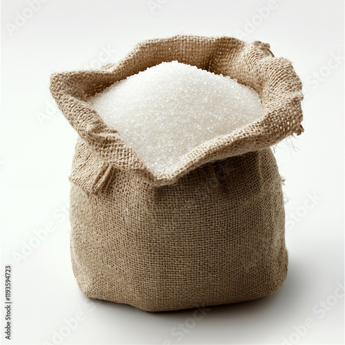 burlap bag filled with white sugar sits on plain background, showcasing its texture and simplicity. This captures essence of kitchen staple, perfect for culinary use photo