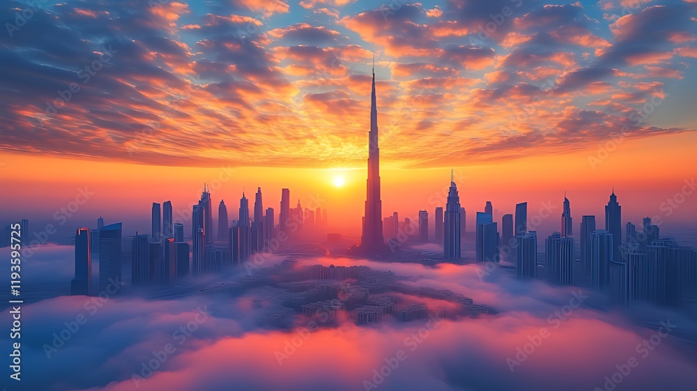 Dramatic sunrise over a city skyline, skyscrapers emerging from clouds. Dramatic sunrise over a city skyline, skyscrapers emerging from clouds.