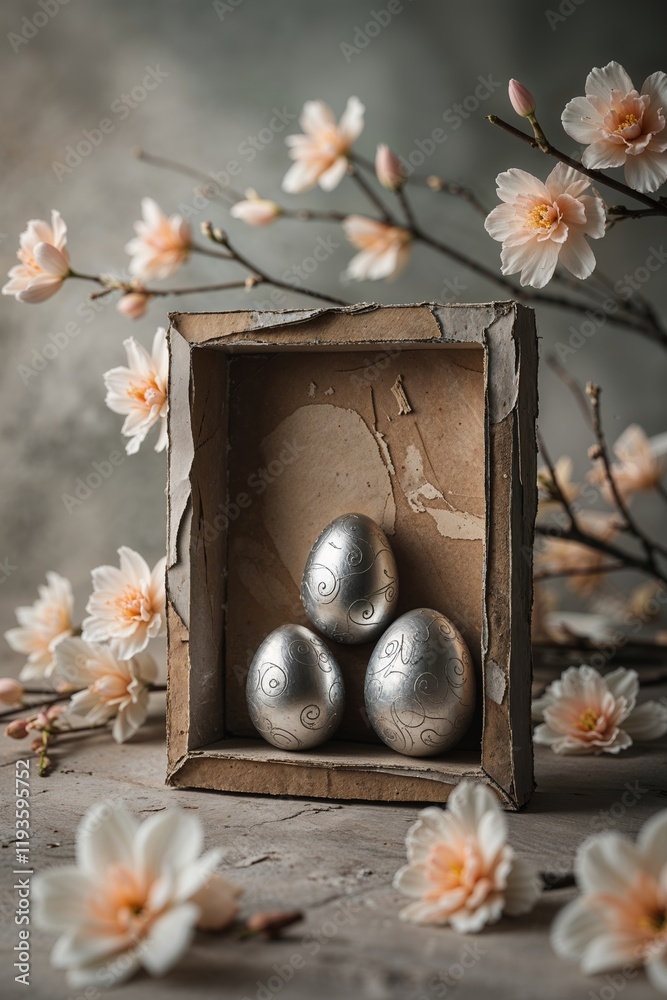 Fototapeta premium Elegant Silver Easter Eggs in Rustic Box with Spring Blossoms