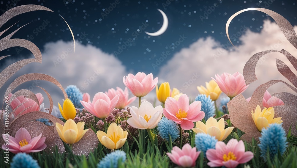 Obraz premium Spring Flowers Blooming under Night Sky with Crescent Moon