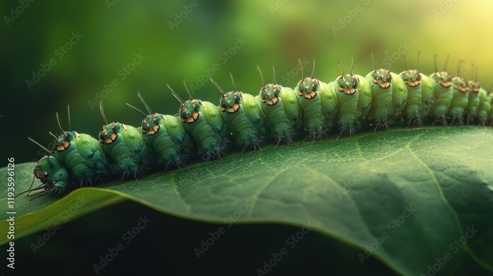 Naklejka premium A Line of Green Caterpillars on a Lush Leaf: A Stunning Macro Photograph of Nature's Tiny Wonders