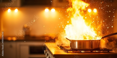 A pan on a stove is engulfed in flames, creating a dramatic fire effect in a kitchen setting. Concept Kitchen Fire Safety, Dramatic Fire Effects, Cooking Hazards, Emergency Response Tips