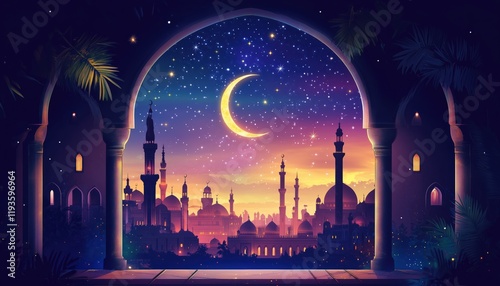 Eid Al-Fitr: Stunning Islamic Cityscape With Mosque, Crescent Moon, And Stars. Window View Of Ramadan Kareem Celebration And Hari Raya Card Exchange. Muslim Holiday Joy. photo