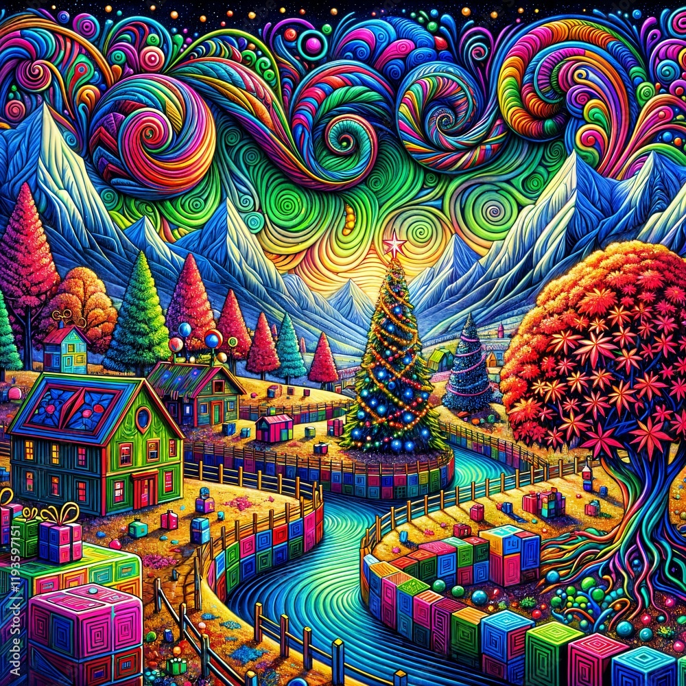 Fototapeta premium A vibrant, whimsical landscape showcases colorful houses and trees beneath a swirling psychedelic sky. At the center, a decorated Christmas tree stands beside a winding river. (Gen, A.I.)