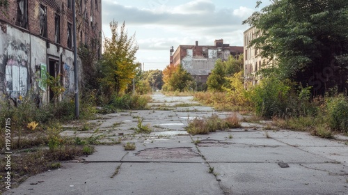 Abandoned urban street with dilapidated buildings and overgrown vegetation under cloudy sky
