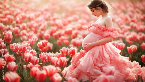 Stunning Expectant Mother With Tulips Cradles Baby Bump In White. Maternity Pink Dress For Anticipated Arrival Of Newborn. Celebrating Pregnancy, Motherhood, Mother'S Day Holiday.