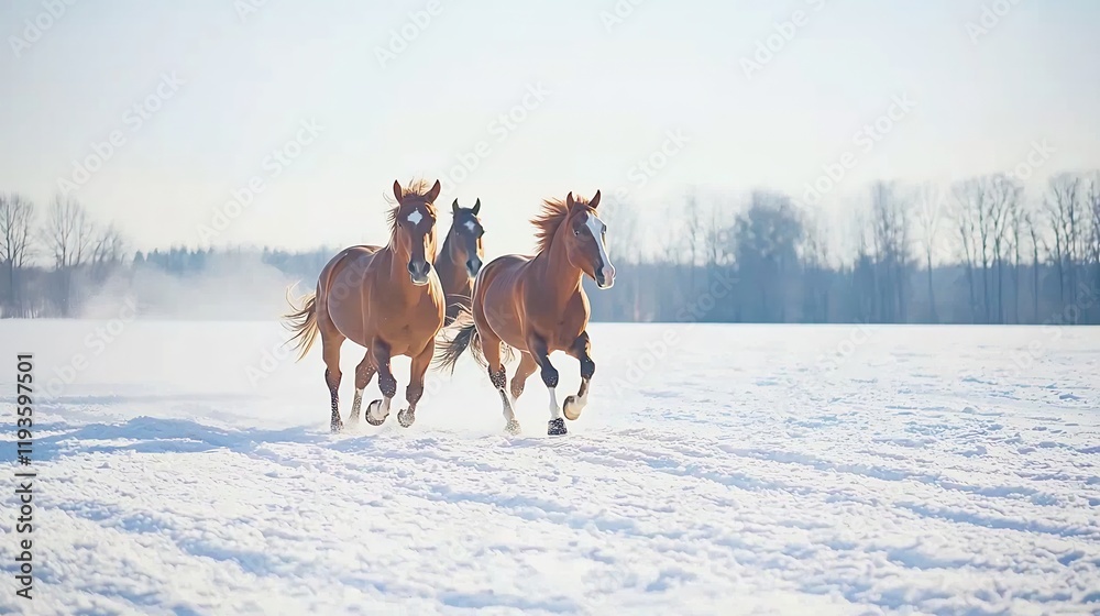 Obraz premium Chestnut horses galloping across snowy field; winter landscape