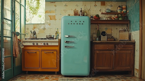 Retro kitchen with teal refrigerator, orange stove, and wooden cabinets.