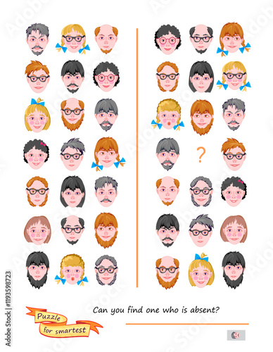 Logic puzzle for children and adults. Can you find one who is absent? Educational game. Page for kids brain teaser book. Task for attentiveness. Play online. Activity sheet. Vector illustration.