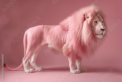 
A pink lion standing majestically, an abstract portrait of a wild animal with a large, stylish pink mane, set against a pastel pink background. photo