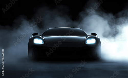 Φωτογραφία A sleek sports car with illuminated headlights emerging from dense smoke in a dark and mysterious setting