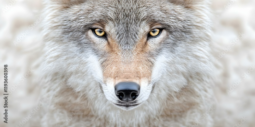 Obraz premium A close-up of a wolf's face, showcasing its detailed fur and striking golden eyes. Concept Wolf Portrait, Detailed Fur Texture, Striking Golden Eyes, Wildlife Photography, Nature Close-Up