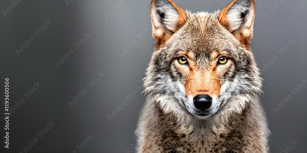 Fototapeta premium A close-up of a coyote's face, showcasing its sharp features and expressive eyes against a blurred background. Concept Coyote Portrait, Nature Photography, Wildlife Close-Up, Expressive Eyes