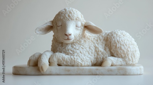A white sheep is laying down on a marble slab