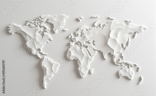 Minimalistic white 3D map of the world on a plain surface, highlighting global themes and clean design aesthetics.
