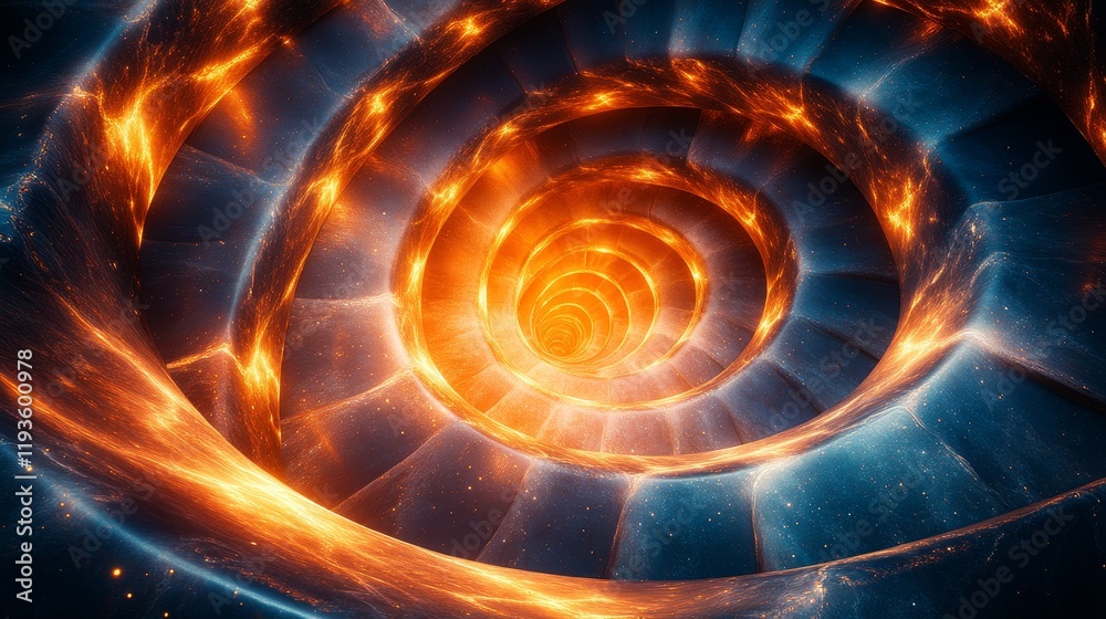 A spiral of fire and light with a blue background A spiral of fire and light with a blue background