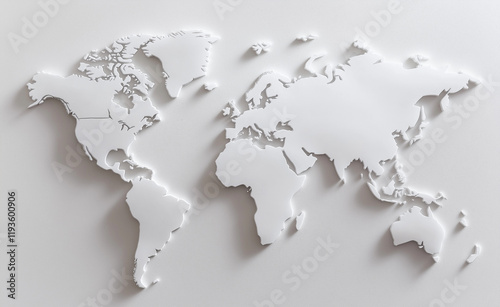 Minimalistic white 3D map of the world on a plain surface, highlighting global themes and clean design aesthetics. photo