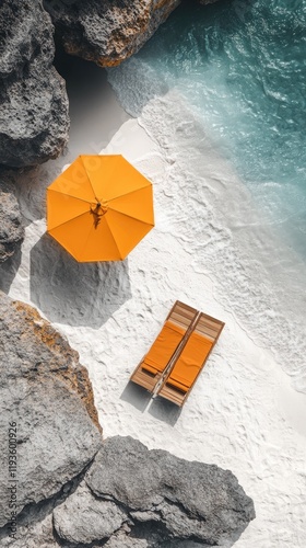 Serene Beach with Orange Umbrella and Lounge Chairs by Turquoise Sea and Rocky Cliffs