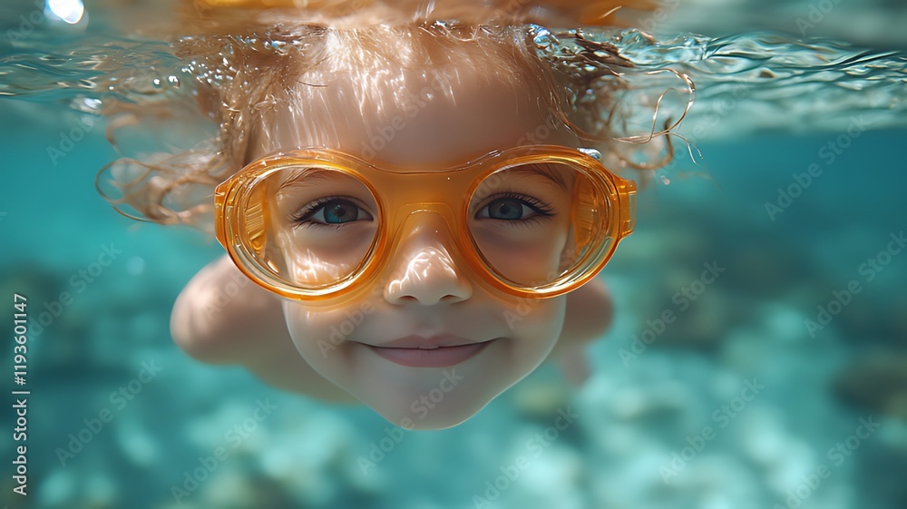 Fototapeta premium Underwater portrait of a smiling child with orange goggles.