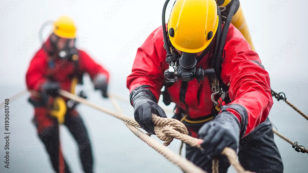 Rescue workers pulling rope in stormy weather Rescue workers pulling rope in stormy weather