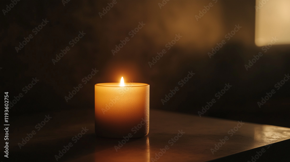 Lit candle on a table in warm, moody lighting. Lit candle on a table in warm, moody lighting.