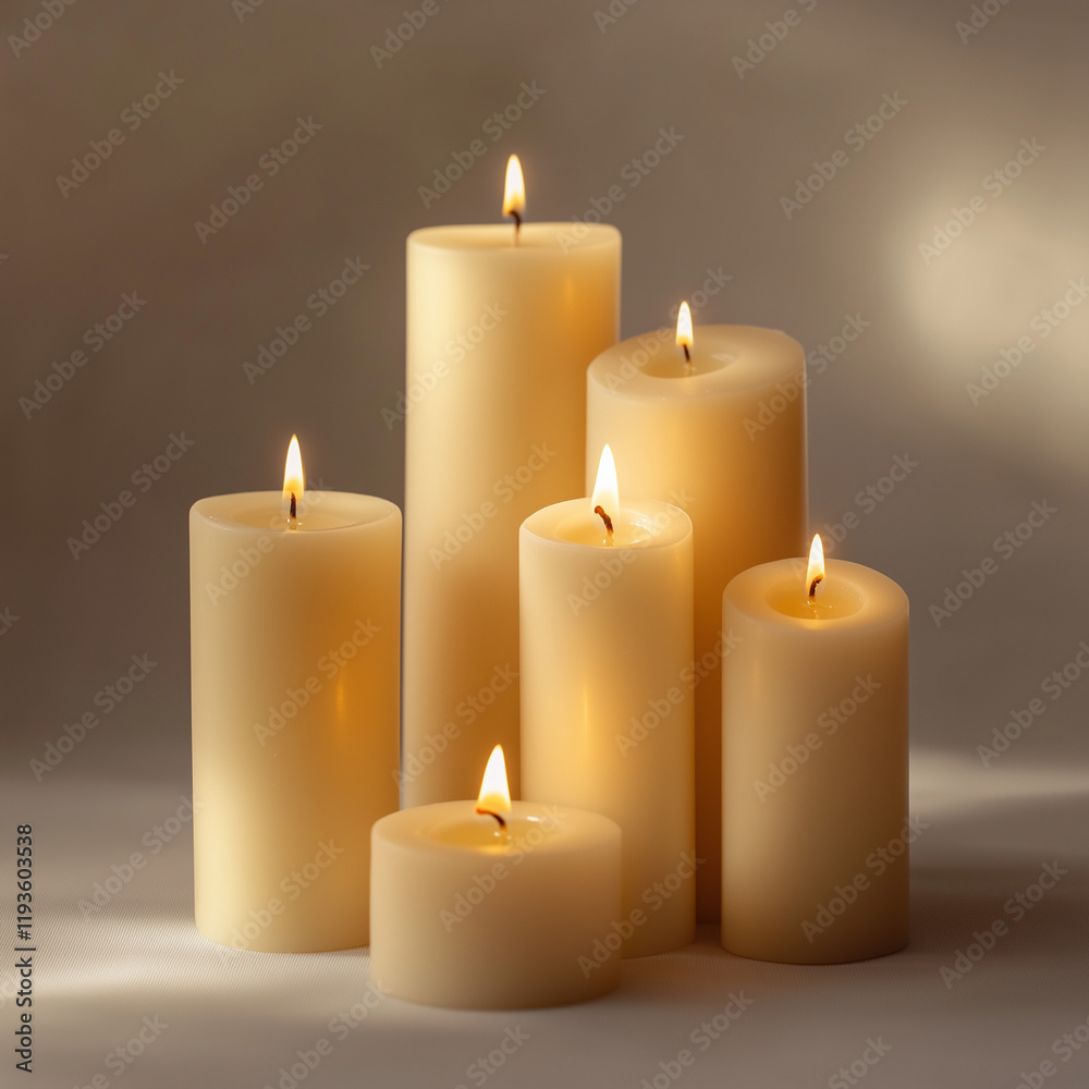Group of pillar candles glowing softly in warm light. Group of pillar candles glowing softly in warm light.