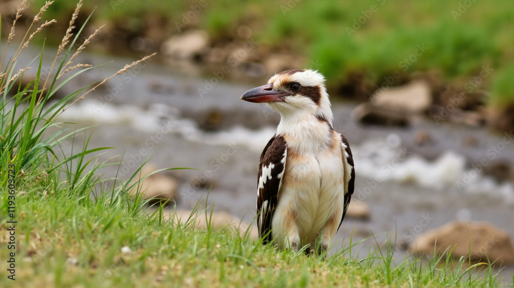 Obraz premium Majestic kookaburra by stream - perfect for nature blogs, wildlife websites, Australian tourism brochures, and environmental education materials