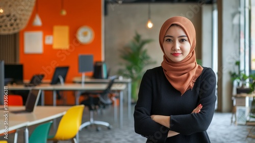 Confident asian female adult in modern office with orange accents