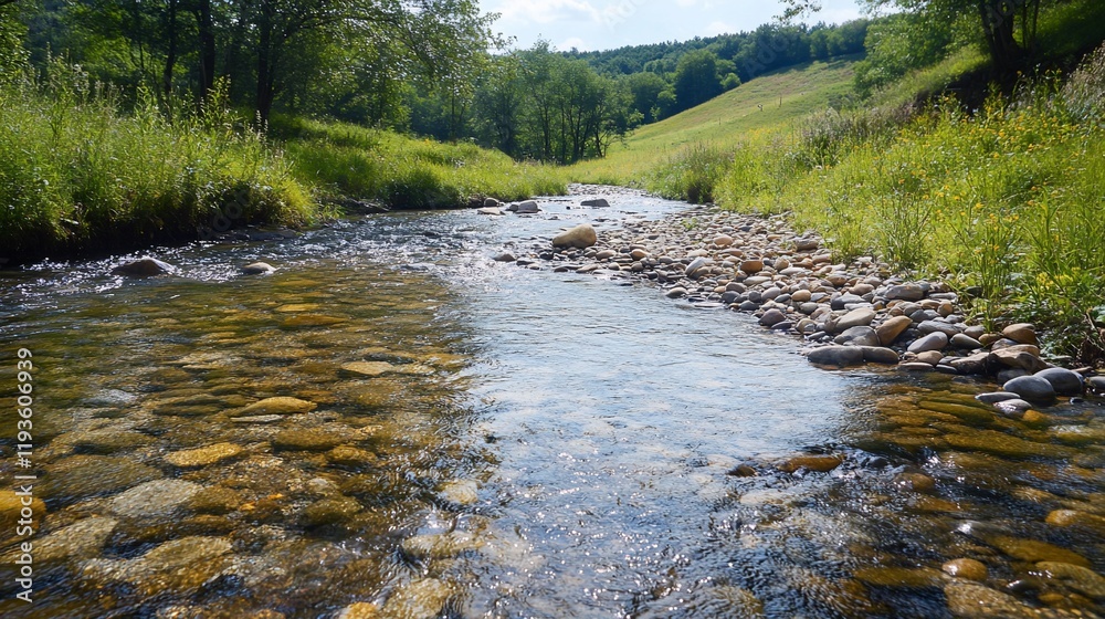 Fototapeta premium Serene Stream Flows Through Lush Green Valley Landscape