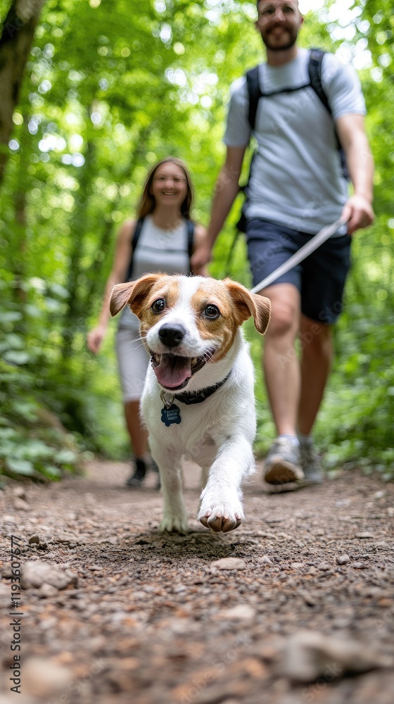 A couple walks through a vibrant forest holding hands, accompanied by their dog, embracing the joy of outdoor adventure together A couple walks through a vibrant forest holding hands, accompanied by their dog, embracing the joy of outdoor adventure together