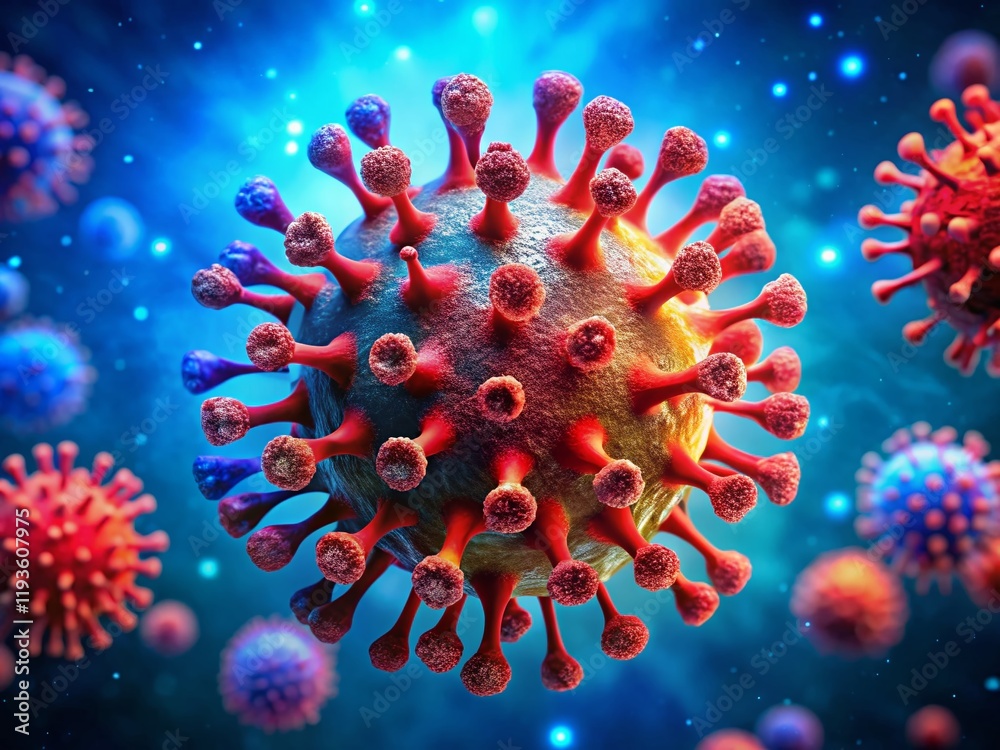 Microscopic View: Coronavirus Particle with Blue Background and Red Spikes - High Resolution Stock Photo Microscopic View: Coronavirus Particle with Blue Background and Red Spikes - High Resolution Stock Photo