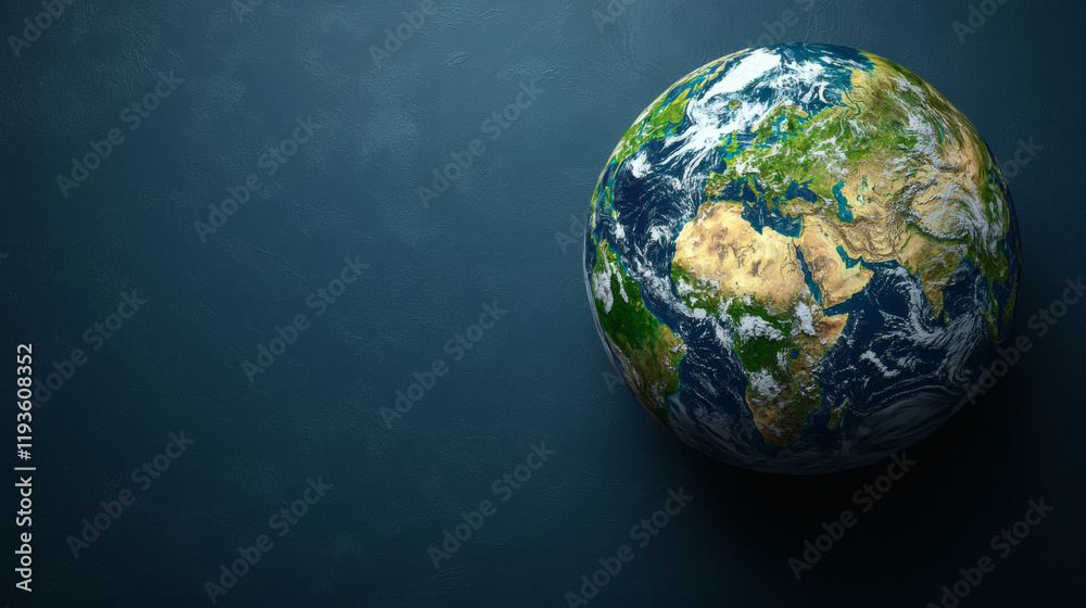 Fototapeta premium Our Blue Planet: A 3D rendering of planet earth with its continents, oceans, and clouds stands out against a rich dark blue background.