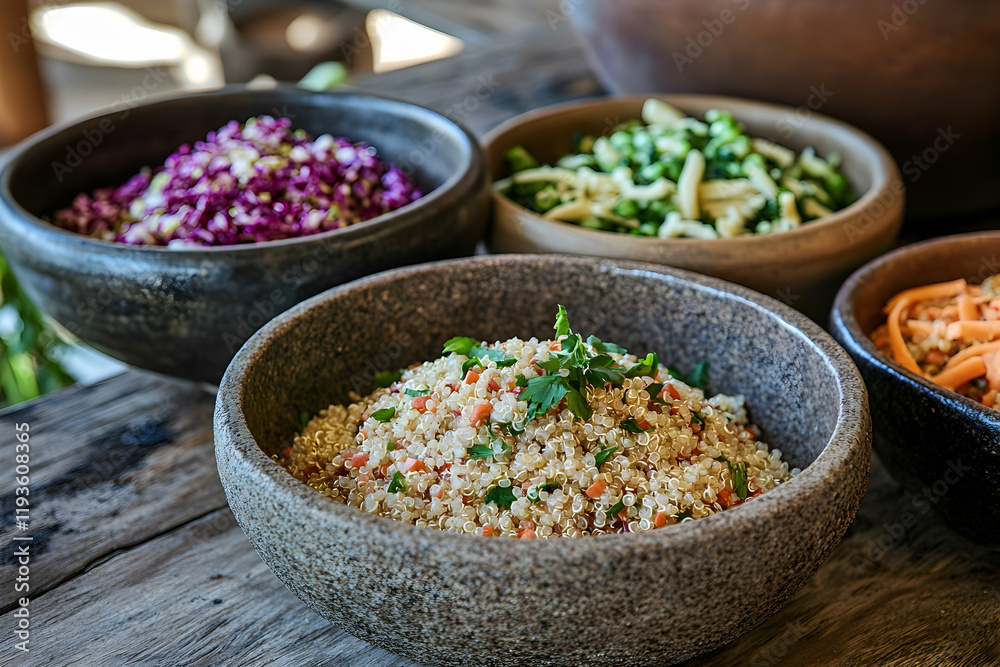 Assorted grains in rustic bowls featuring quinoa and brown rice for culinary inspiration Assorted grains in rustic bowls featuring quinoa and brown rice for culinary inspiration
