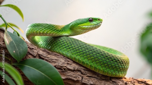 A vibrant green snake with intricate scales coiled on a tree branch, surrounded by natural foliage, on a softly lit background, ideal for nature and wildlife themes. photo