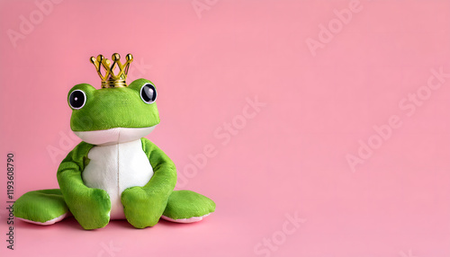 frog, copy space, with, a, crown, on, solid, pink, background, 3d, cartoon, animal, green, amphibian, vector, illustration, ad, cute, happy, birthday. card, design, child, invitation, creative, modern photo