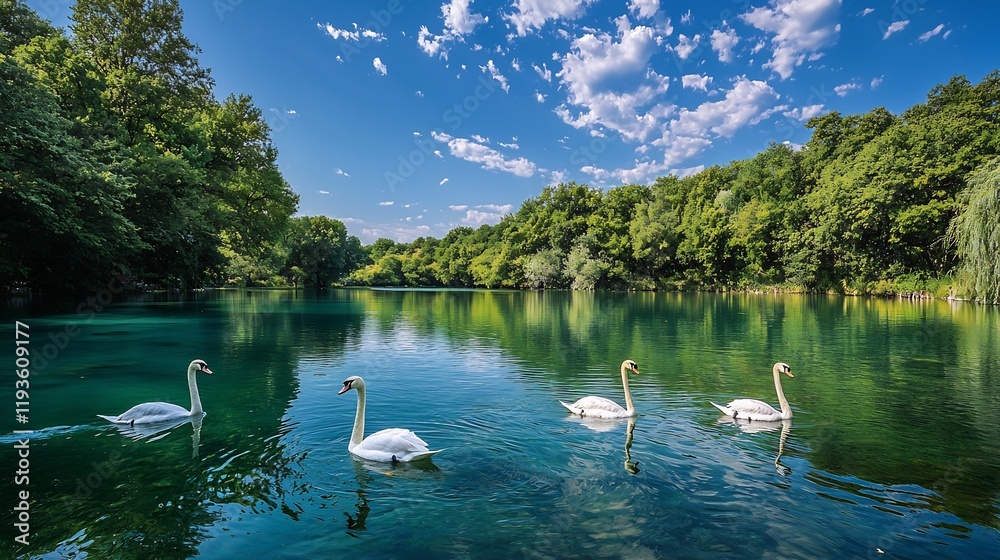 Swans on a tranquil lake, lush green forest background, serene, nature scene, peaceful, scenic, outdoor, beautiful