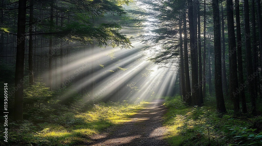 Obraz premium Sunbeams Illuminate Forest Path Through Trees