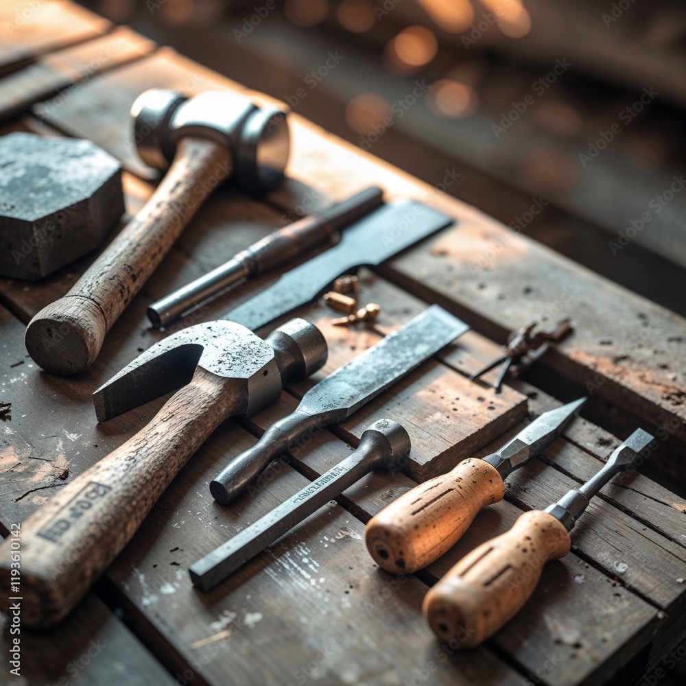 A vibrant flat lay of old hand tools: a hammer, chisel, and wooden-handled screwdrivers on a workbench A vibrant flat lay of old hand tools: a hammer, chisel, and wooden-handled screwdrivers on a workbench